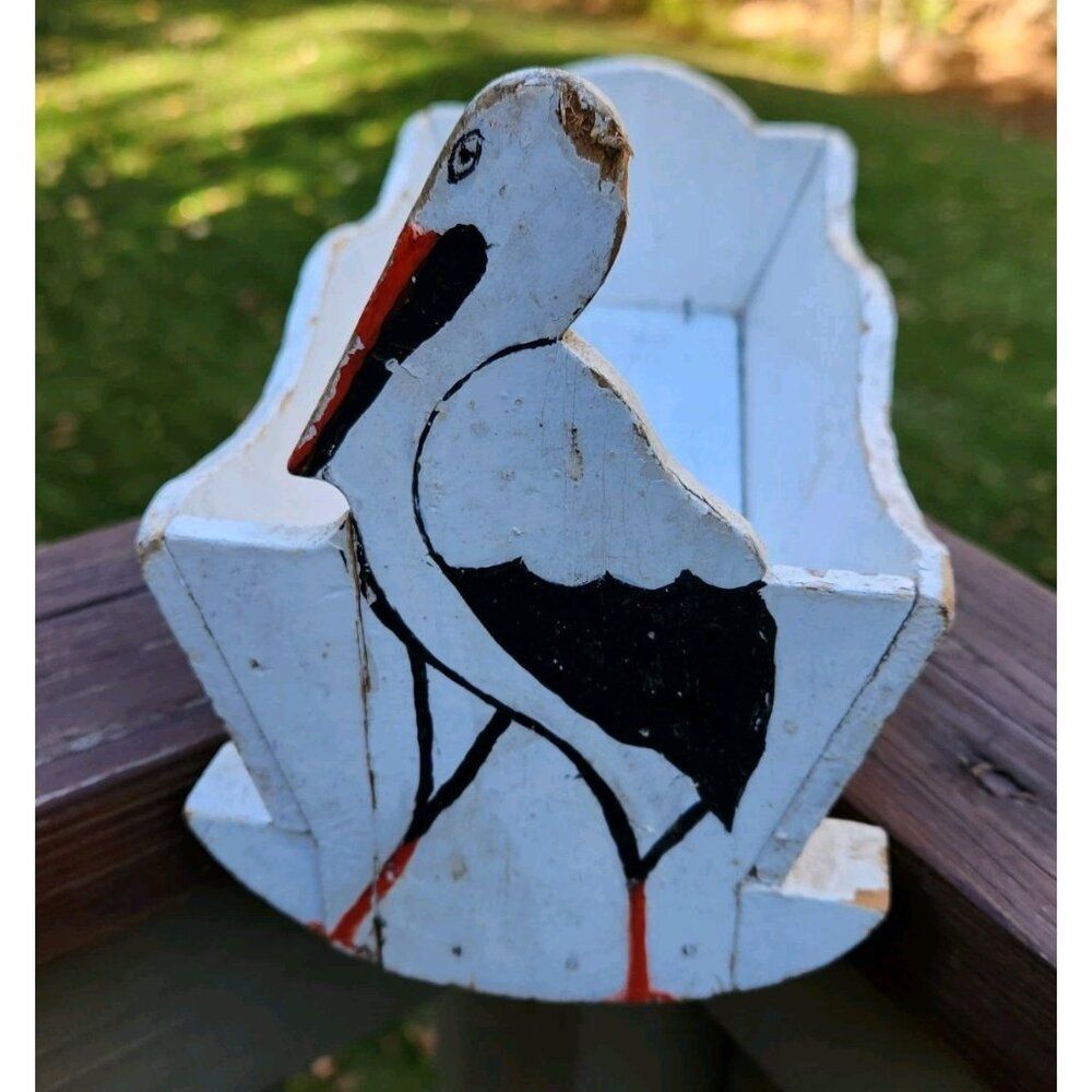 STORK Small Baby Doll Wooden CRADLE Folk Art Primitive SCHWARZ TOY Hand Painted